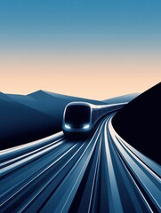 Poster - A modern train travels effortlessly on smooth tracks, set against a tranquil backdrop of mountains at sunrise. Generative AI