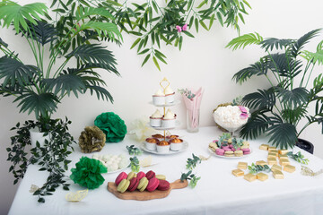 Sweet holiday table with tasty cupcakes with cream with green plants decoration