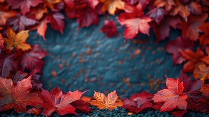 Wall Mural - Autumn frame background with free place for text, maple leaves decorate a beautiful nature thanksgiving, scenery yellow red seasonal colorful mock up, orange background