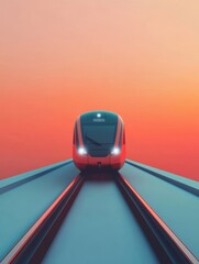 Poster - A sleek train icon moves gracefully along smooth tracks, illuminated by the warm glow of a stunning sunset backdrop. Generative AI