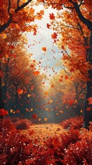 Wall Mural - Beautiful romantic alley in the park with colorful trees and sunlight. Autumn natural background. orange fall leaves in park, sunny autumn natural background