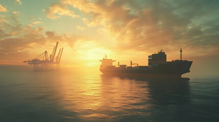 A cargo ship and cranes on the ocean, symbolizing global trade and logistics -