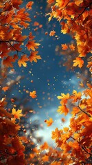 Wall Mural - autumn frame background with free place for text, maple leaves decorate a beautiful nature thanksgiving, scenery yellow red seasonal colorful mock up, blue background