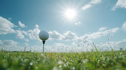 A golf ball sitting on a tee under a bright sunny sky, ready to be hit. -