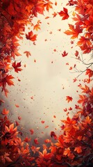 Wall Mural - autumn frame background with free place for text, maple leaves decorate a beautiful nature thanksgiving, scenery yellow red seasonal colorful mock up, blue background