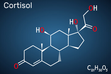 Poster - Cortisol, hydrocortisone steroid molecule. Stress hormone involved in metabolism and immune response. Chemical structure, the dark blue background. Vector illustration