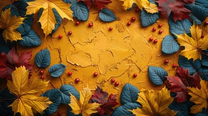 Wall Mural - Autumn frame background with free place for text, maple leaves decorate a beautiful nature thanksgiving, scenery yellow red seasonal colorful mock up, orange background