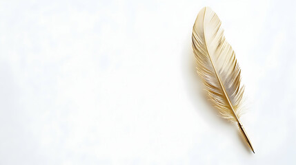 A simple golden feather pen on a white background, elegant and luxurious. -