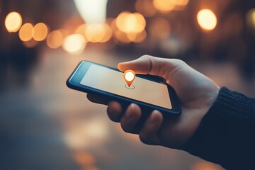 Poster - A hand grips a smartphone with a location pin shown on the screen, capturing the vibrant atmosphere of a city at dusk. Generative AI