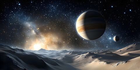 Wall Mural - A space scene with a large planet in the background and a smaller planet in the foreground. The sky is filled with stars and the planets are surrounded by a lot of space