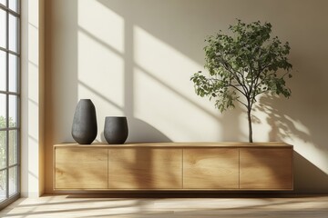 A modern interior featuring a wooden cabinet adorned with a green plant, abstract sculpture, and minimalist decor elements. Ideal for stylish living, Generative AI