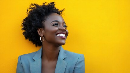 Poster - Cheerful Woman Smiling Against Yellow Background