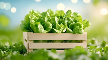 Fresh green lettuce in a wooden crate, surrounded by a soft-focus green background, symbolizing healthy, organic produce.