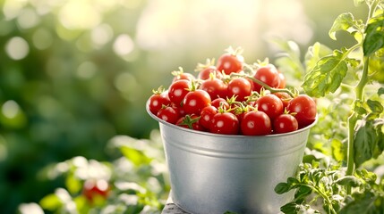 A bucket filled with fresh red tomatoes, surrounded by lush green plants, illuminated by warm sunlight in a vibrant garden.