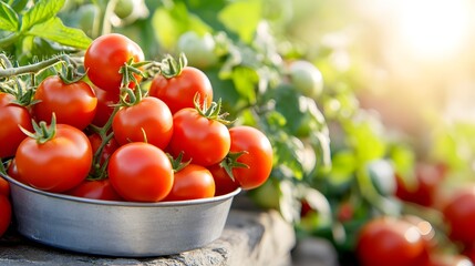 A bowl of fresh, vibrant red tomatoes sits amidst lush green foliage, illuminated by warm sunlight, highlighting their ripeness and freshness.