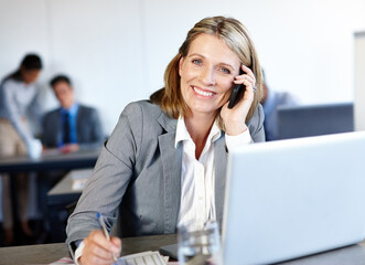 Canvas Print - Business woman, portrait and phone call in office for research, communication and networking. Employee, mature and tech for project management, corporate development and sustainability integration