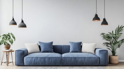 Scandinavian-inspired living room with a blue sofa, pendant lights, and a clean, light gray wall backdrop