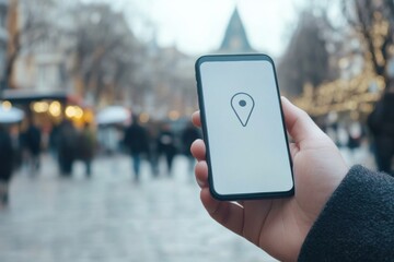 Poster - A hand grips a smartphone showing a location pin, with people and shops in the blurred background on a chilly day. Generative AI