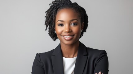 Professional businesswoman smiling warmly, posing in front of a simple white background, perfect for corporate branding or profiles.