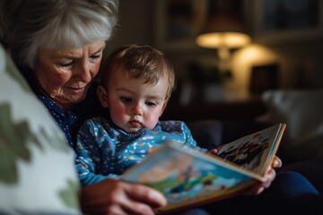 A loving grandmother reads a colorful storybook to her curious grandchild. The warm, cozy atmosphere invites joy and connection. This captures a special moment. Generative AI