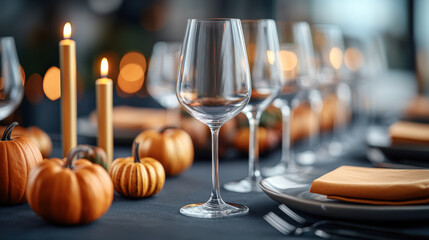 Elegant dinner table with pumpkins, candles, and wine glasses. Festive fall ambiance.