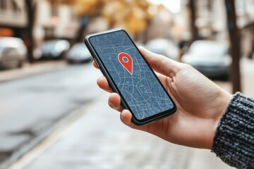 Poster - A person checks their mobile phone showing a location pin on a map while standing on a bustling city street. Generative AI