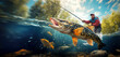 © Yuliia - Fisherman and trout, underwater view. Fishing hobby vacation concept.