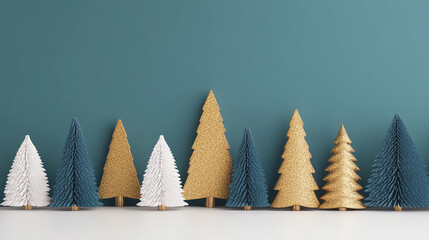 A charming arrangement of paper trees in various colors, showcasing a whimsical and festive spirit against a muted teal background, perfect for holiday decorations.