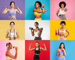 © Prostock-studio - A lively collection showcases a diverse group of women participating in various fitness activities. Each woman displays empowerment through exercise, set against colorful backgrounds.