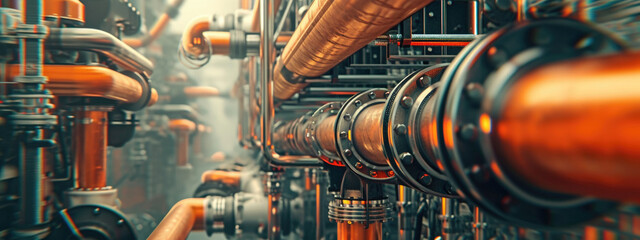 In a large factory, numerous metal pipes have been intricately connected together to facilitate various manufacturing processes and systems