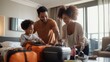 © fotofabrika - Happy family packing luggage together in a cozy hotel room during their vacation preparation