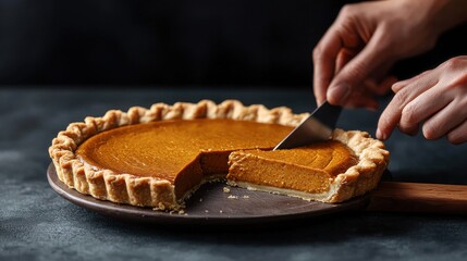 Pumpkin pie being sliced on a dark background.