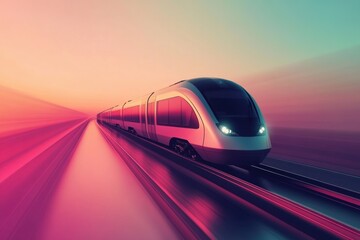 Poster - A sleek train travels along smooth tracks, illuminated by a colorful sunset, showcasing a modern design in a vibrant atmosphere. Generative AI