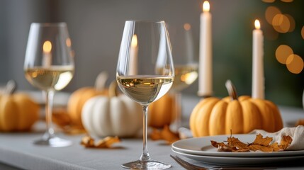 Elegant table setting with wine glasses, pumpkins, and candles for festive dining.