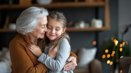 Elderly woman hugging young girl, warm emotional connection, cozy indoor setting.