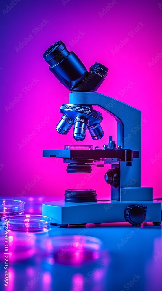 Microscope and petri dishes arranged on a sterile lab bench used for ...