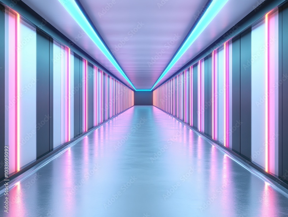 Futuristic corridor with neon lights and reflective floor, creating a ...