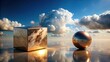 © Anulak - macro abstract landscape composition with bronze sphere and marble cube with clouds in ultra wide field