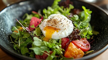 A poached egg on top of a mixed green salad with tomato.