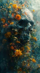 Canvas Print - Skull Embraced by Flowers: A Surreal Floral Still Life