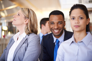 Poster - Seminar, office and portrait of business people with diversity, smile and audience at corporate meeting. About us, group and happy team in conference with confidence, pride and support at workshop