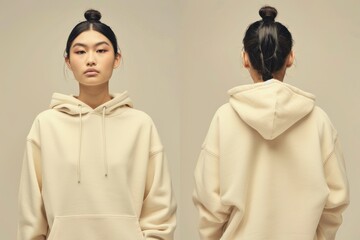 Canvas Print - Blank cream hoodie mockup clothing apparel woman.