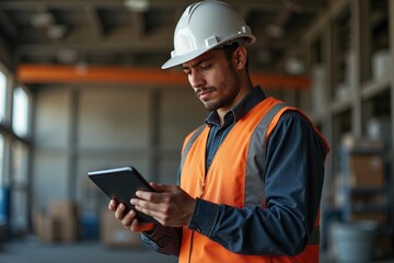 Skilled latin man engineer in safety gear inspecting project details on tablet at construction site during daylight