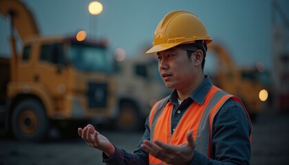 Skilled japanese engineer discuss project details at dusk in construction zone with heavy machinery nearby