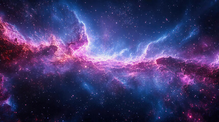 A photorealistic image of space with bright purple and pink clouds and stars. A breathtaking view of cosmic space with nebulas and starlight