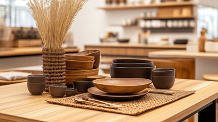 Wall Mural - Rustic Table Setting with Wooden Bowls and Natural Elements