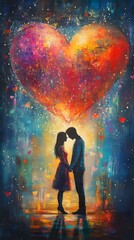 A vibrant painting of two lovers standing in front of an array of colorful hearts, surrounded by swirling colors and glittering sparkles