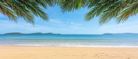 A serene beach view with palm leaves framing the clear blue sea and sandy shore under a bright sky.