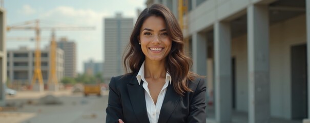 Hispanic woman, professional investment manager confidently overseeing construction site in urban area during daylight hours