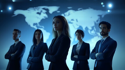 Poster - Multiethnic corporate business team standing in a row for a strategic marketing meeting. Office workers, entrepreneurs and company employee at work in a multinational company. Partner of business.